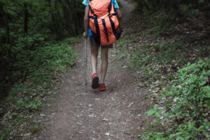 Boy with backpack walking along path through forest